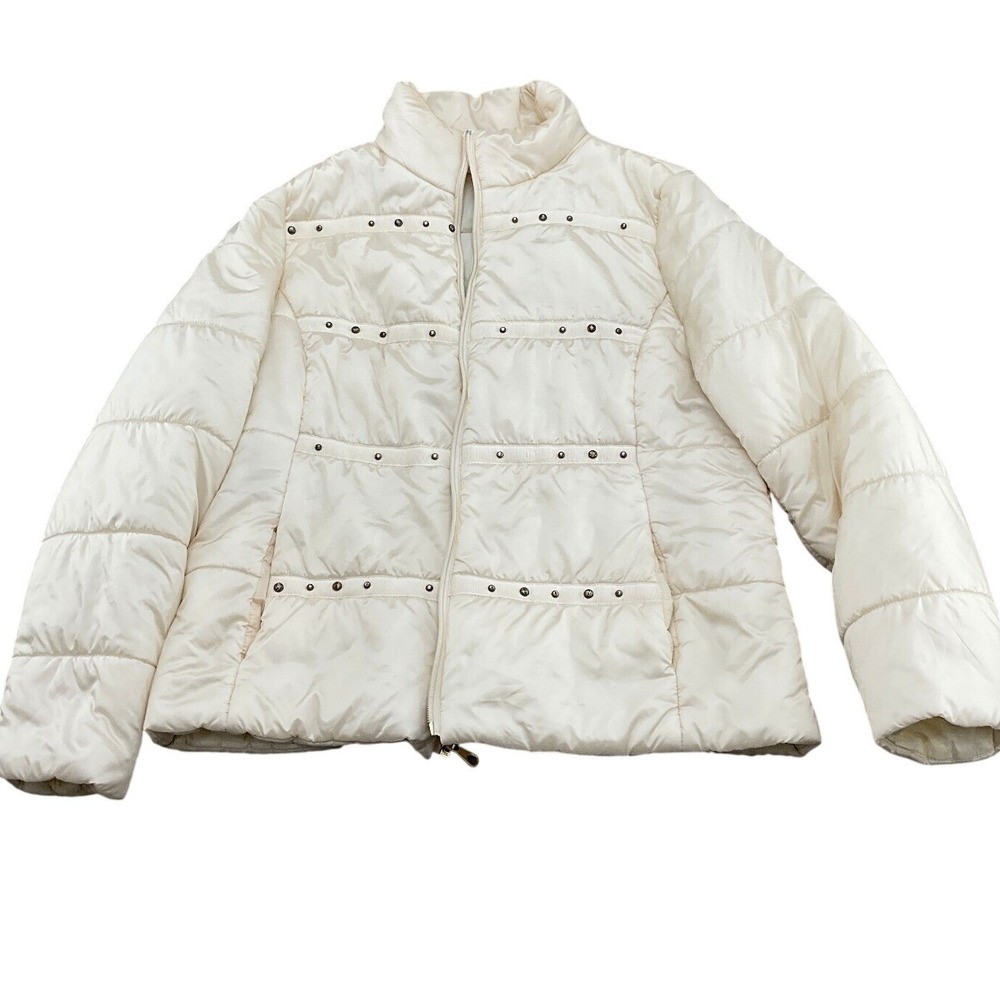 Chicos Jacket Women Large 12 Ivory Studded Puffer Zip Nylon Insulated Winter Ski